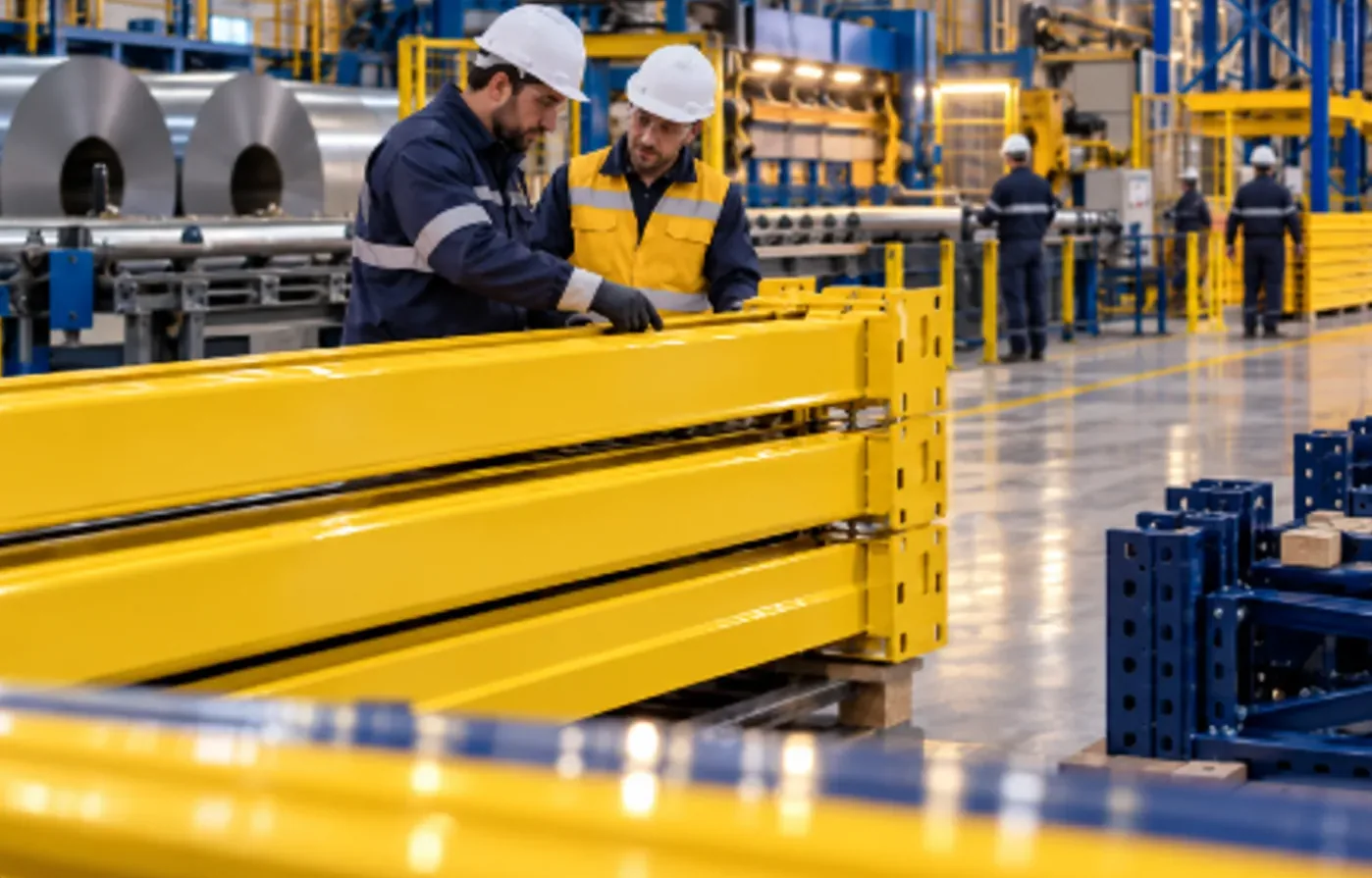 Operarios de ZILRack revisando vigas y perfiles en una planta de fabricación