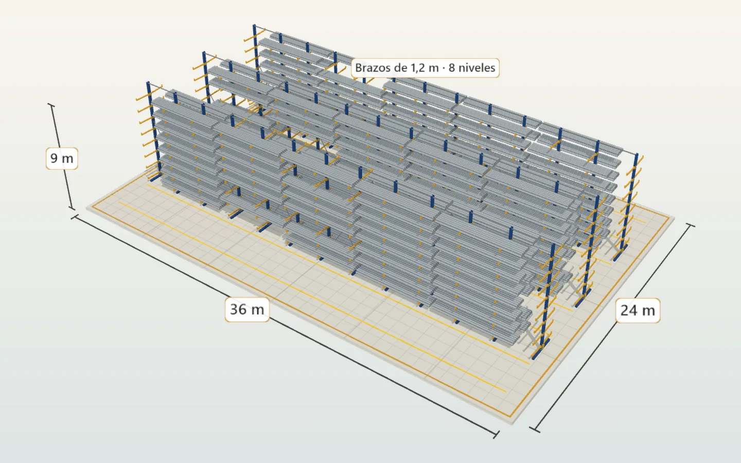 Modelo 3D conceptual de rack cantilever con brazos y carga larga