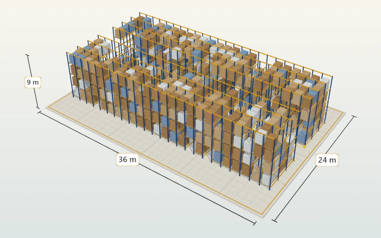 Modelo 3D conceptual de rack Drive-In con calles profundas
