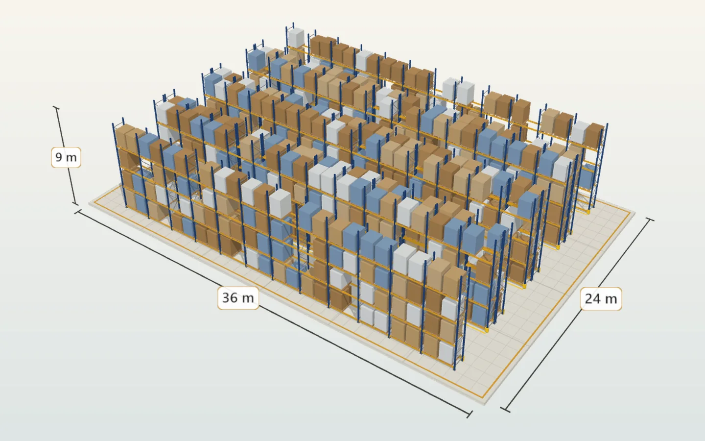 Modelo 3D conceptual de rack selectivo con montantes, vigas y pallets